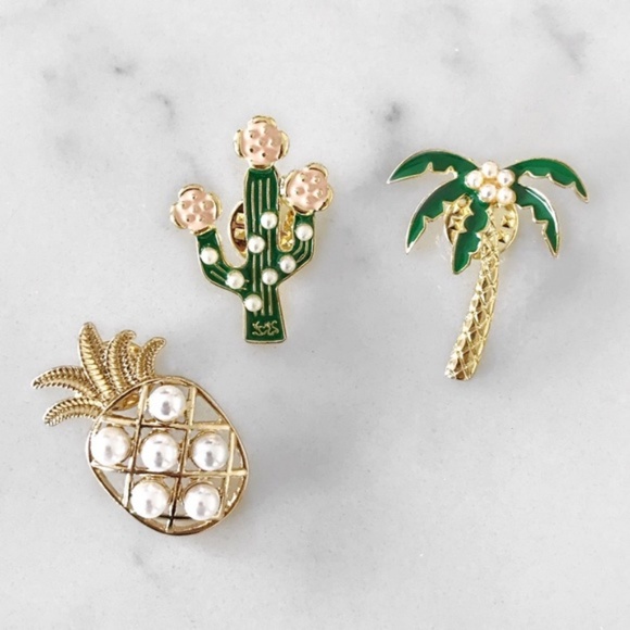 [Boutique] Enamel Palm Tree Pearl Pin - Picture 3 of 6